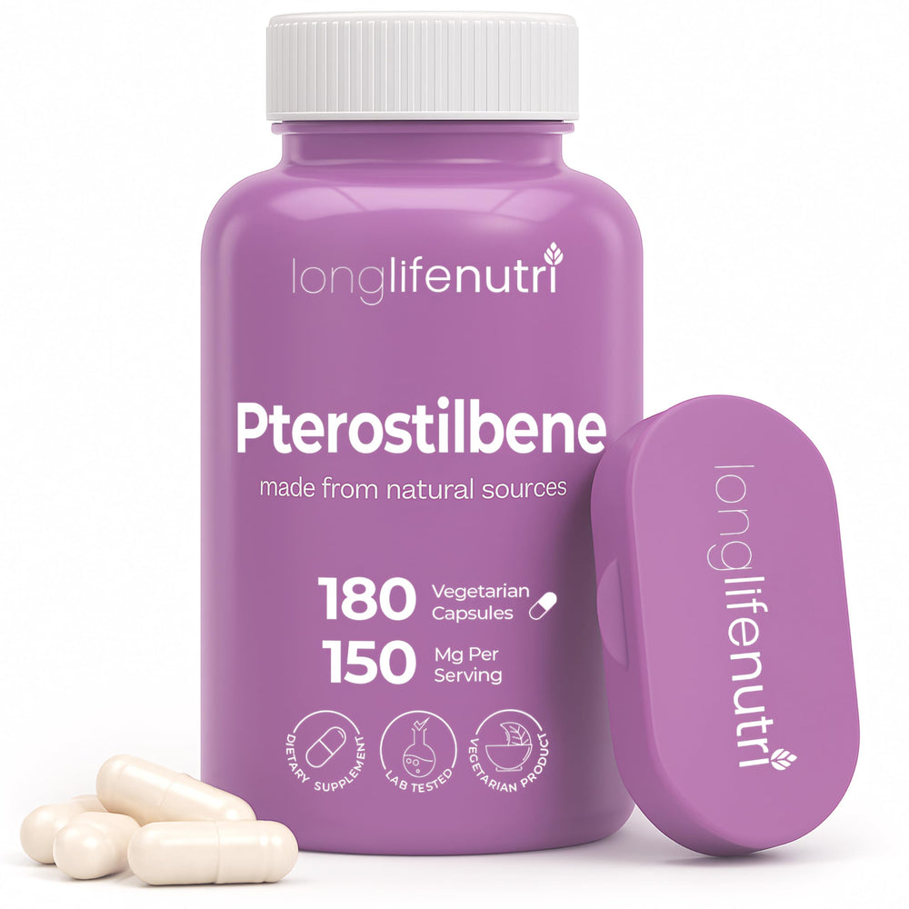 LongLifeNutri Pterostilbene bottle showing 150 mg per serving for daily energy