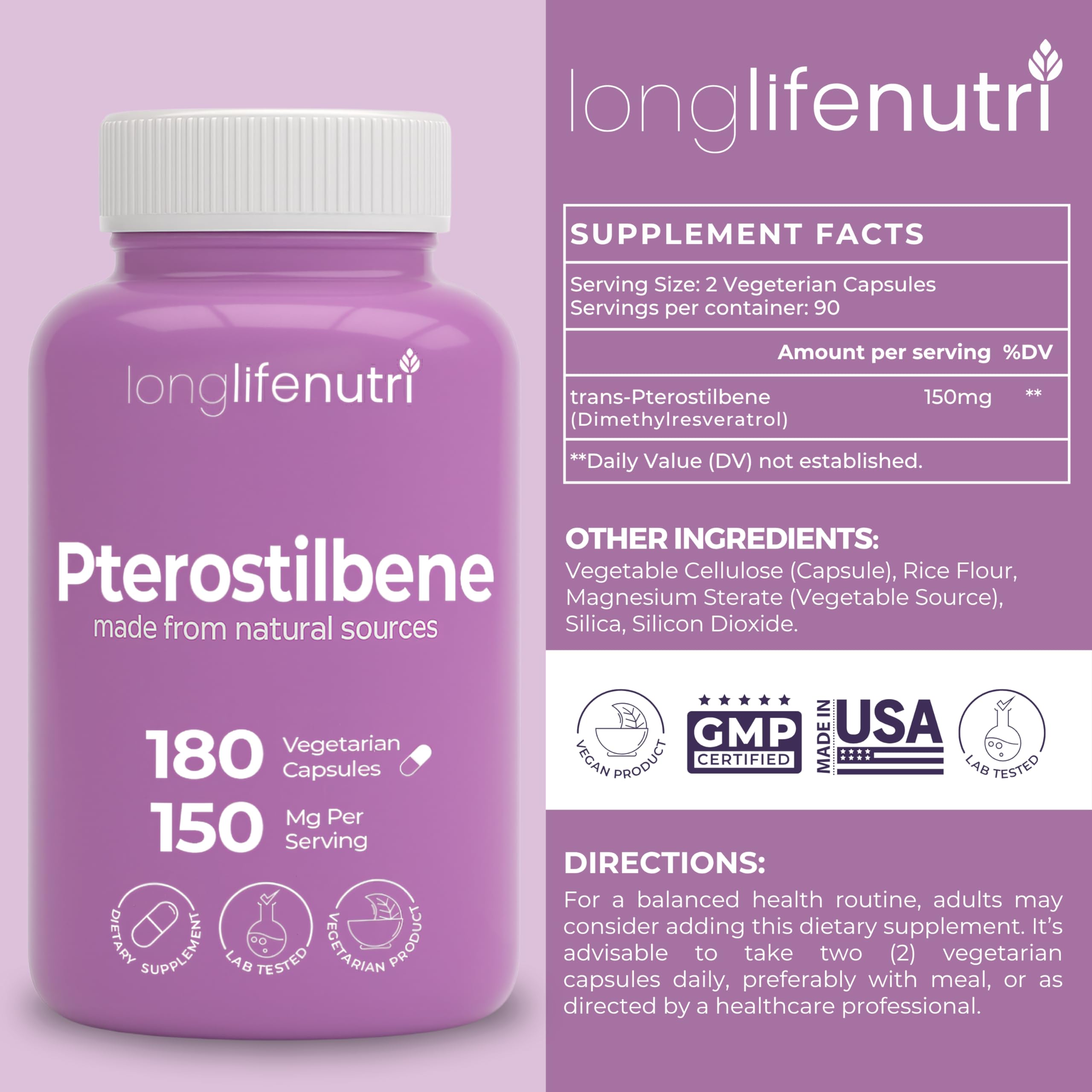 LongLifeNutri Pterostilbene capsules close-up for easy, smooth swallowing