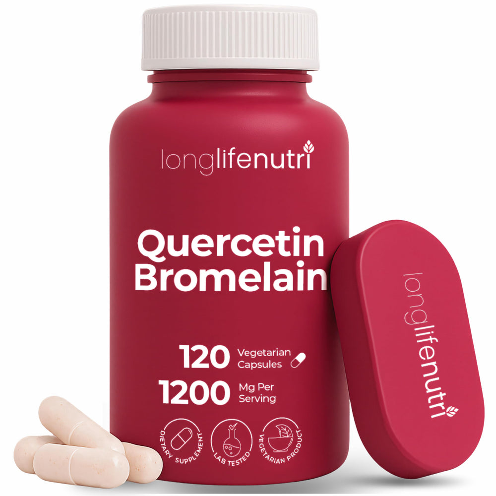LongLifeNutri Quercetin Bromelain bottle front shows product name and features for mobility and respiration support