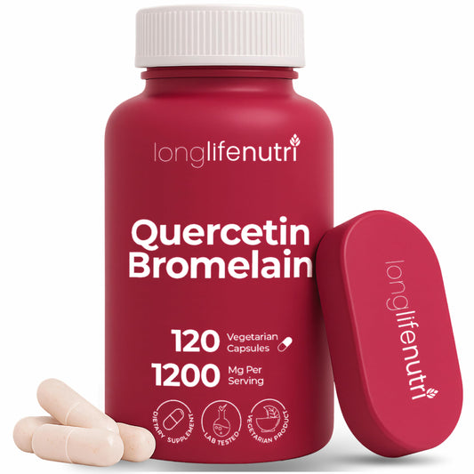 LongLifeNutri Quercetin Bromelain bottle front shows product name and features for mobility and respiration support