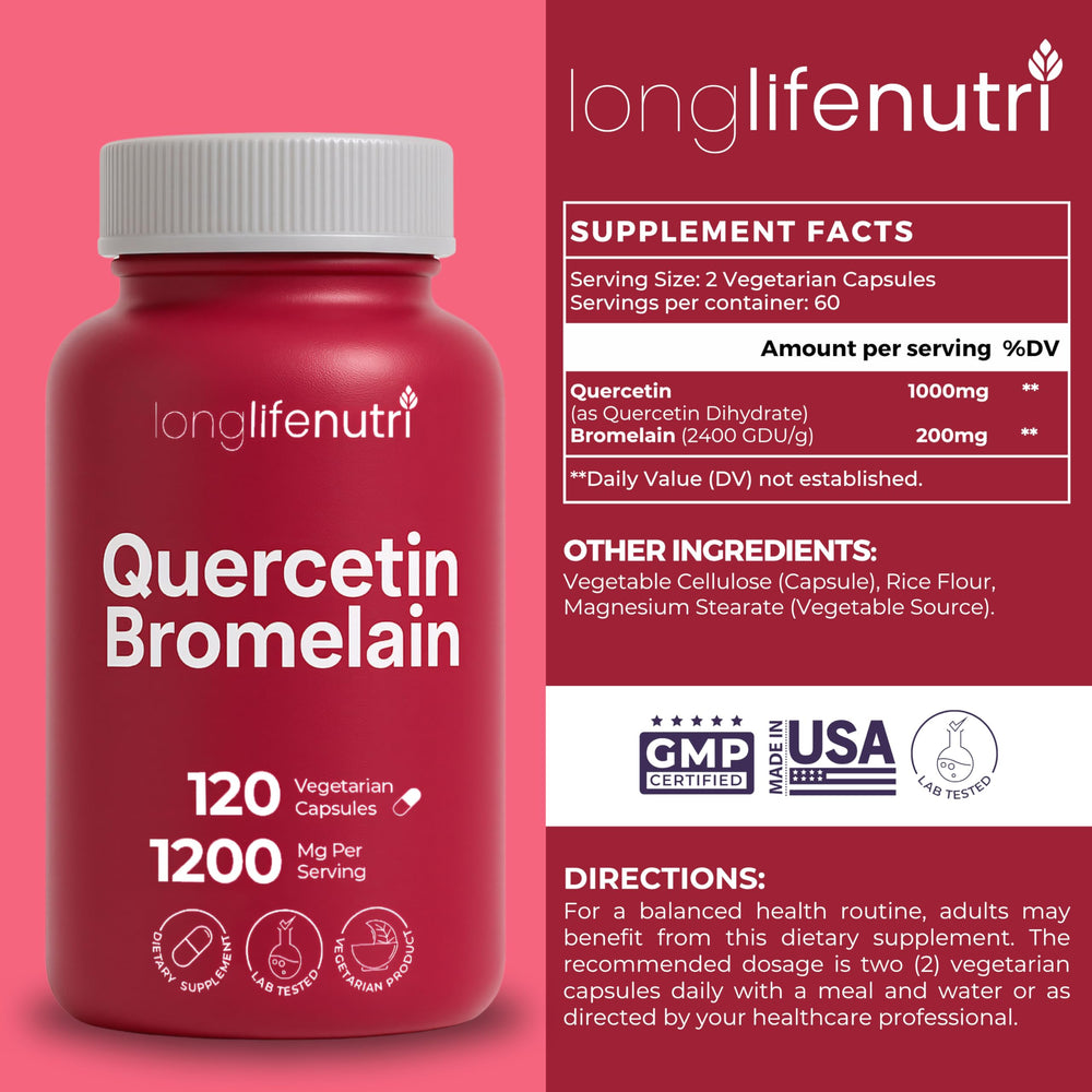 Closeup of LongLifeNutri Quercetin Bromelain capsules highlighting vegan formula