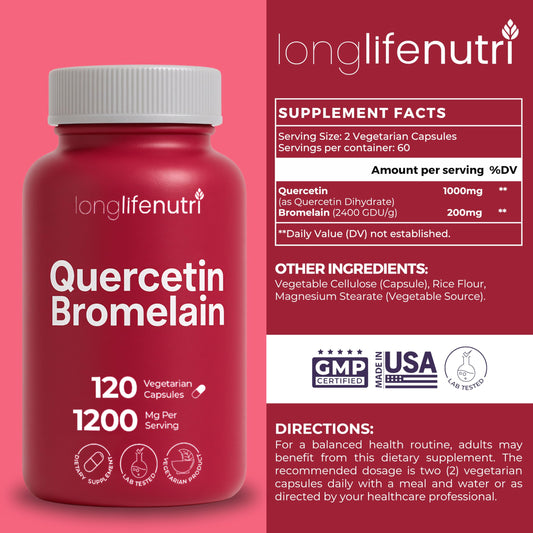 Closeup of LongLifeNutri Quercetin Bromelain capsules highlighting vegan formula