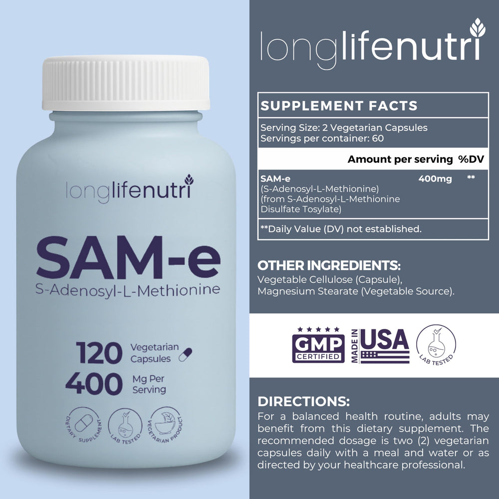 LongLifeNutri SAM-e 400mg label close-up highlighting clean formula