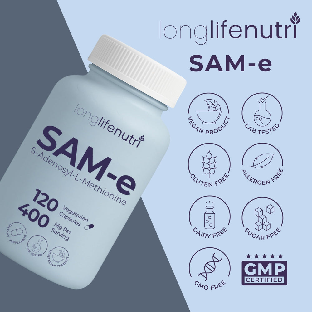 LongLifeNutri SAM-e 400mg bottle with dosage instructions visible