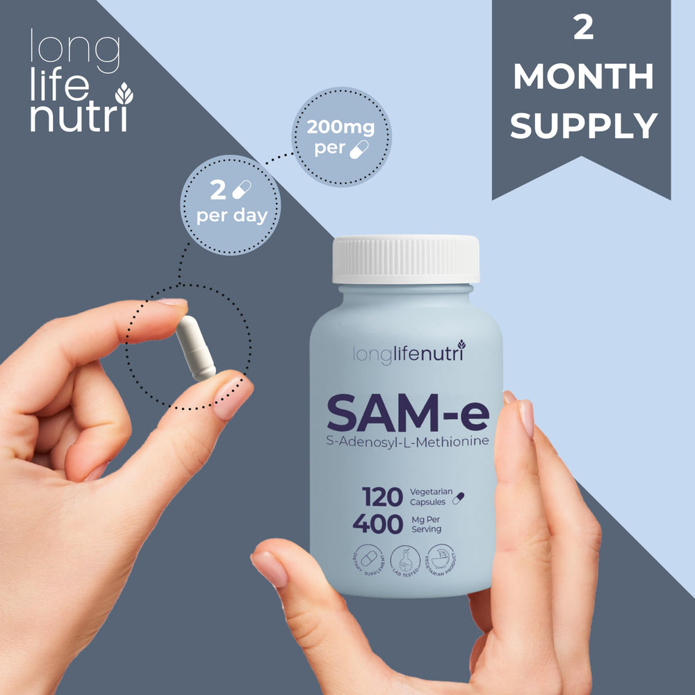 LongLifeNutri SAM-e 400mg capsules shown in hand for easy daily use