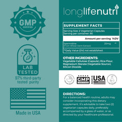 LongLifeNutri Spermidine 20mg bottle back: clear ingredient and usage details