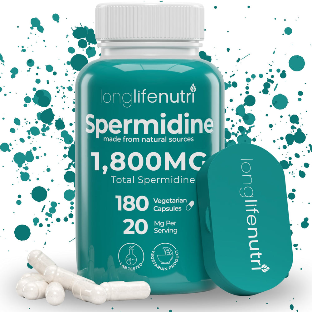LongLifeNutri Spermidine 20mg bottle front: premium vegan capsules for daily wellness