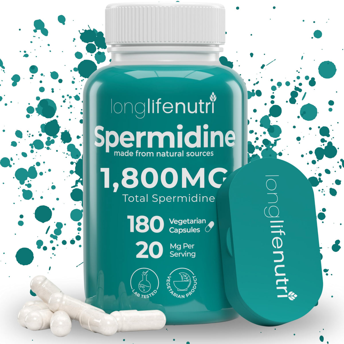 LongLifeNutri Spermidine 20mg bottle front: premium vegan capsules for daily wellness