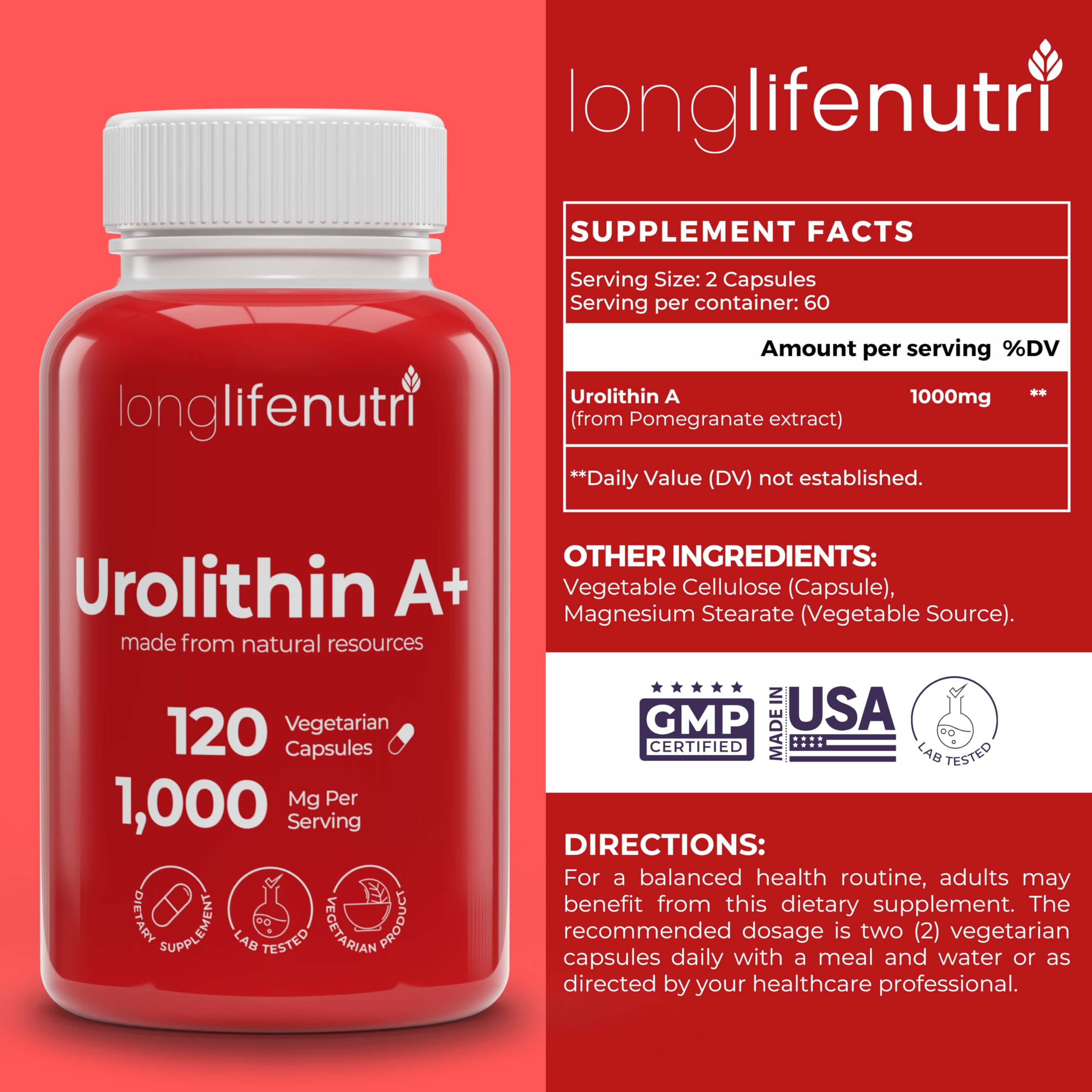 LongLifeNutri Urolithin A+ bottle label close-up signaling premium quality for daily support.