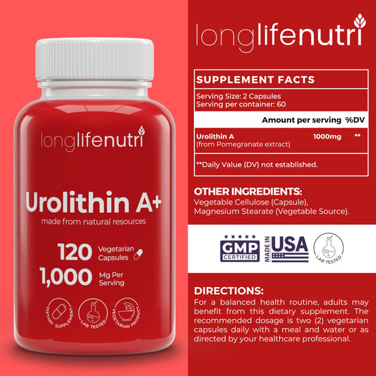LongLifeNutri Urolithin A+ bottle label close-up signaling premium quality for daily support.