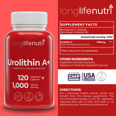 LongLifeNutri Urolithin A+ bottle label close-up signaling premium quality for daily support.