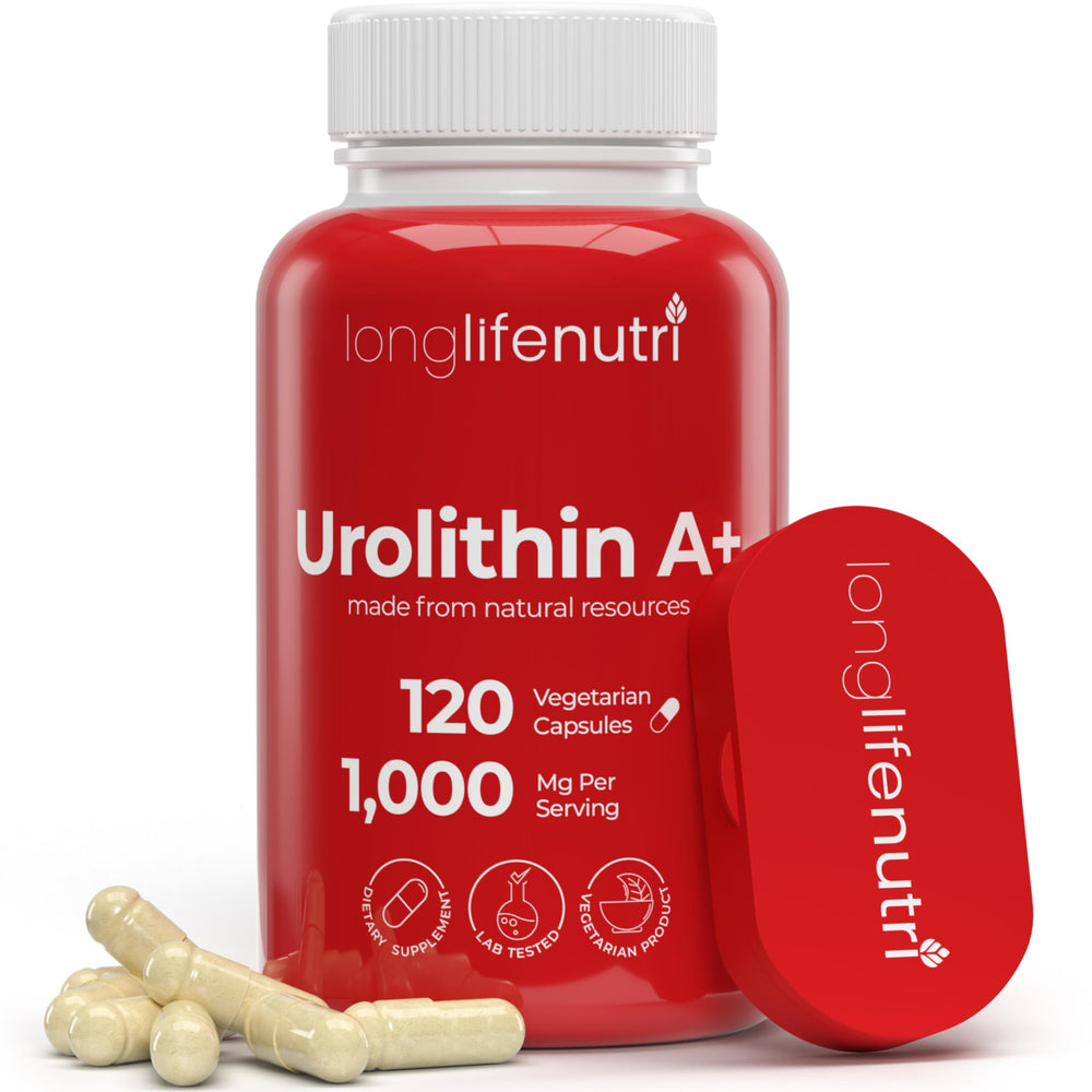 LongLifeNutri Urolithin A+ bottle, highlighting a clean label that supports daily vitality.