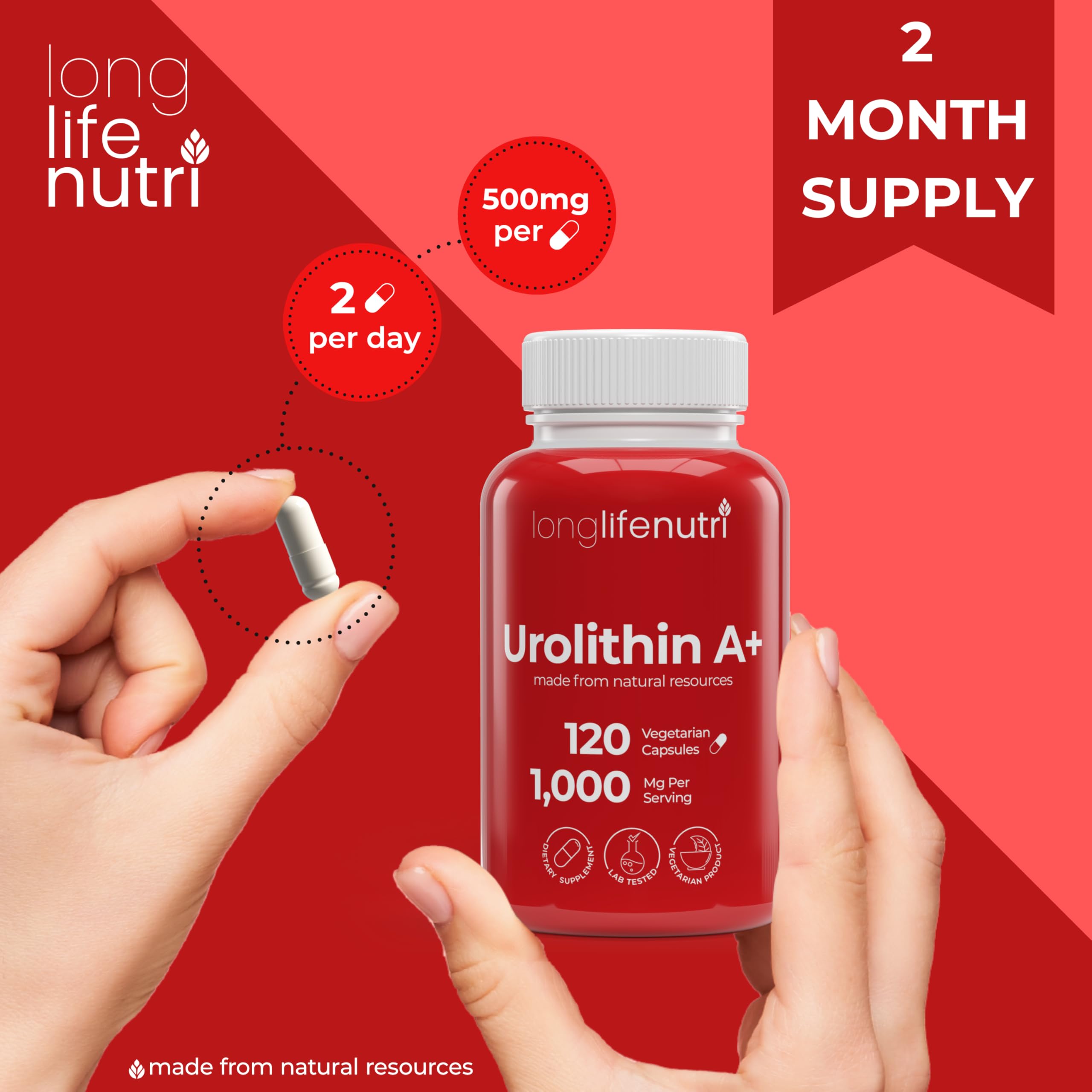 Lab-tested by LongLifeNutri with USA-made production badge on packaging.