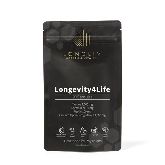 LongLiv Longevity4Life bottle for daily wellness support and easy supplementation.