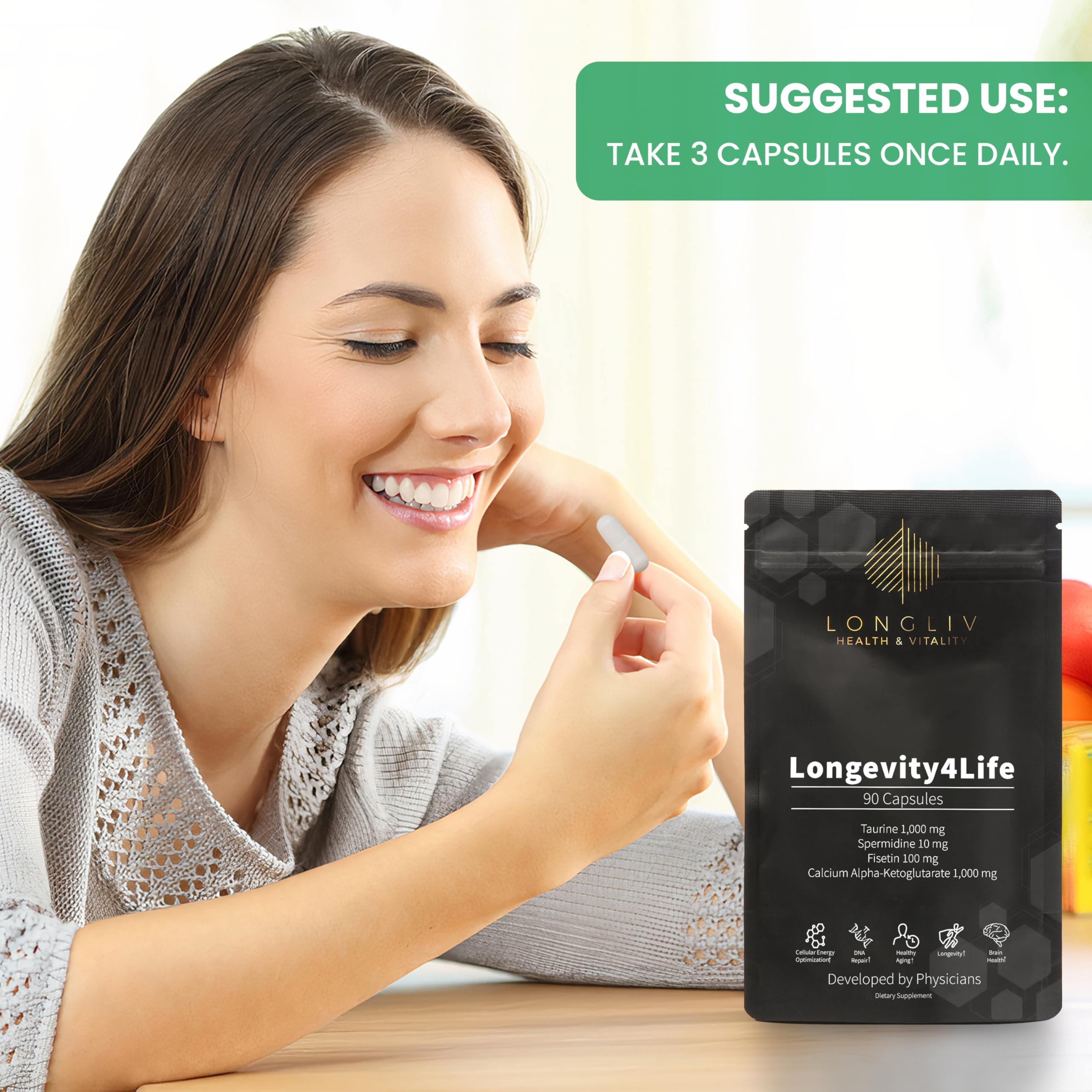 Daily dosage spoon with Longevity4Life capsules for convenient intake.