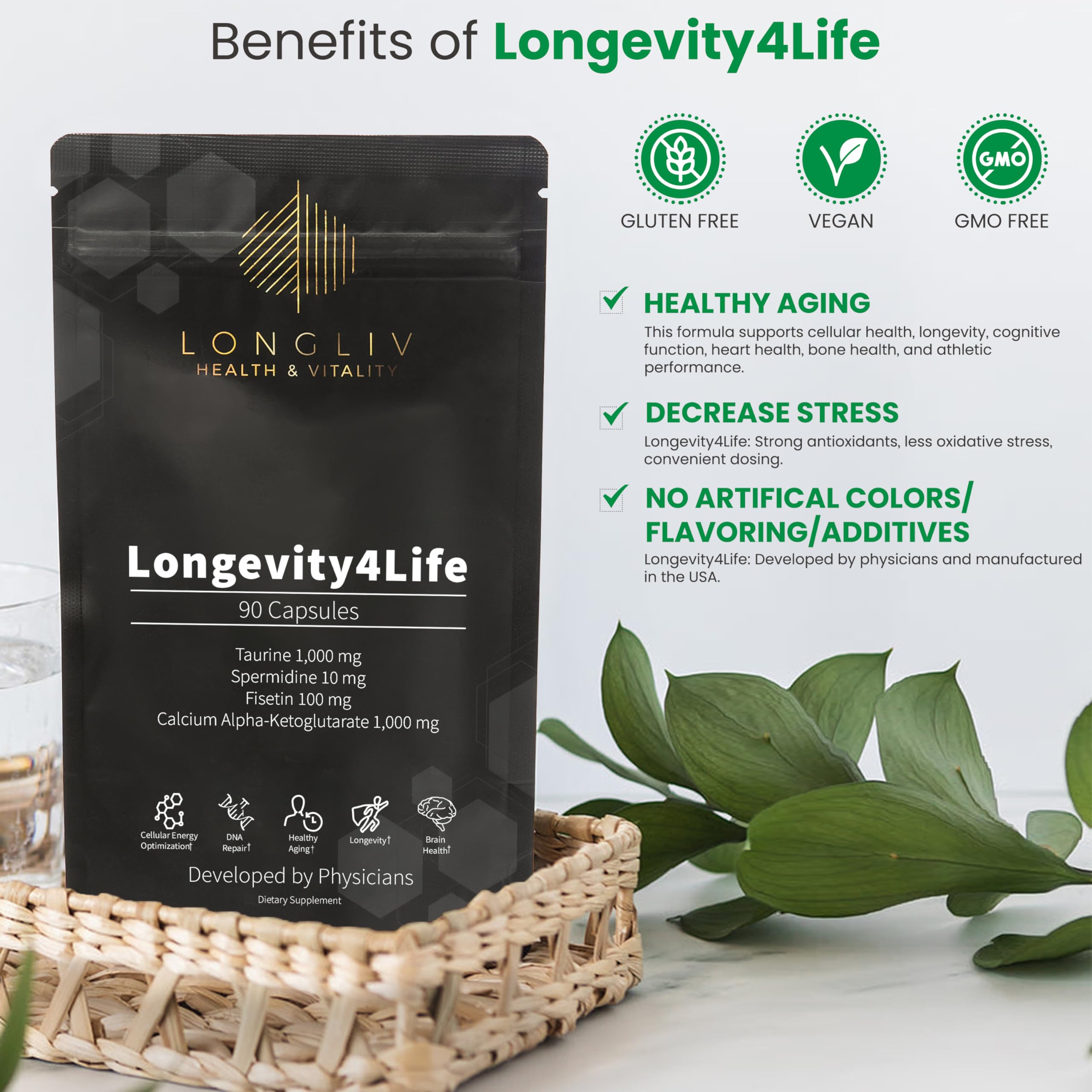 Longevity4Life label detail showcasing four-in-one formula for comprehensive vitality.