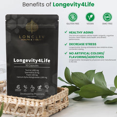 Longevity4Life label detail showcasing four-in-one formula for comprehensive vitality.