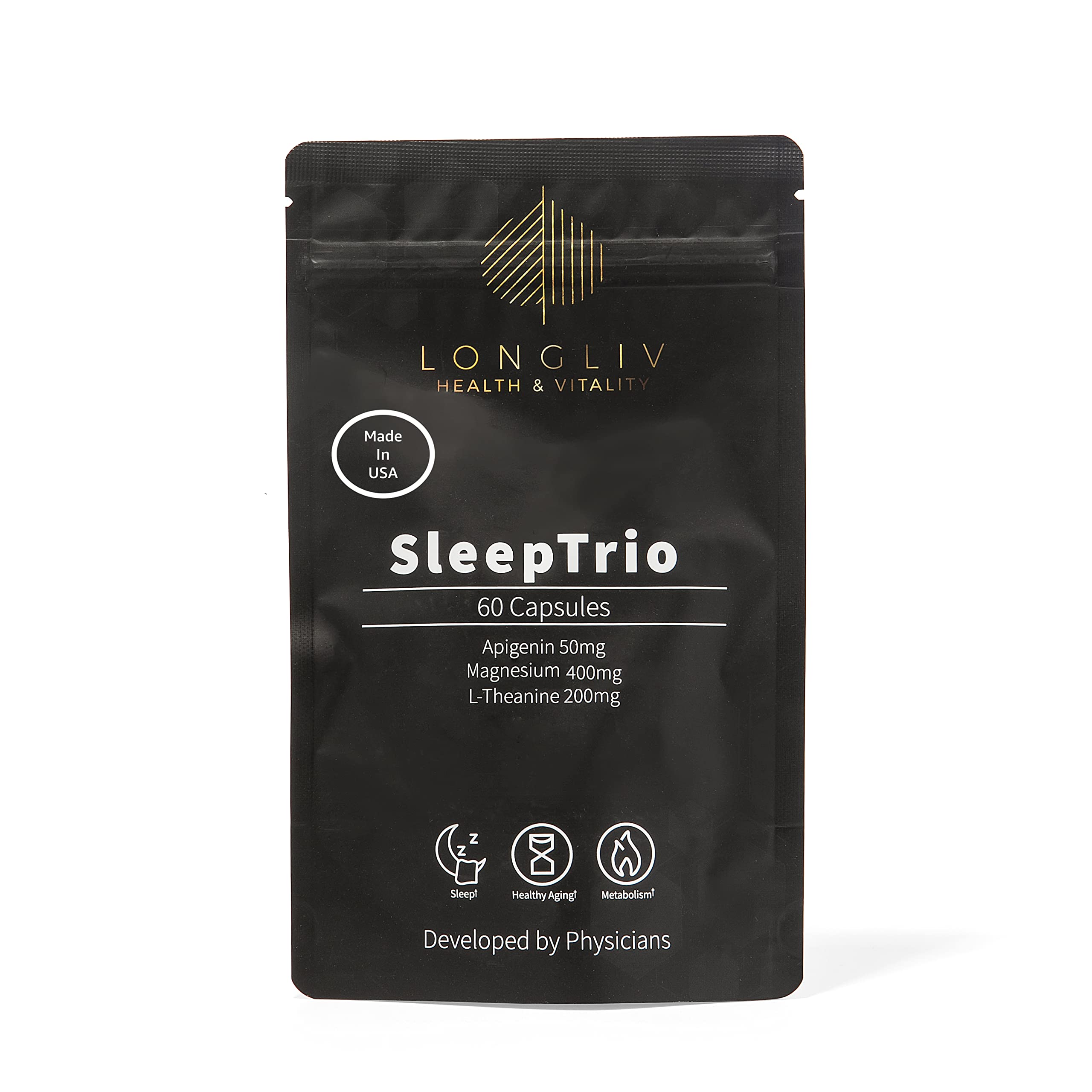 LongLiv Sleep Trio bottle front with capsules promotes a calm evening routine.