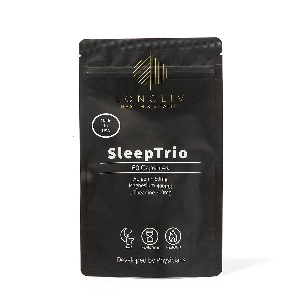 LongLiv Sleep Trio bottle front with capsules promotes a calm evening routine.