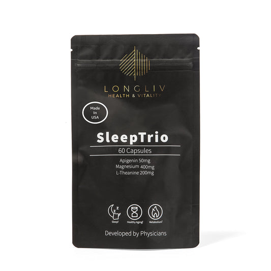 LongLiv Sleep Trio bottle front with capsules promotes a calm evening routine.