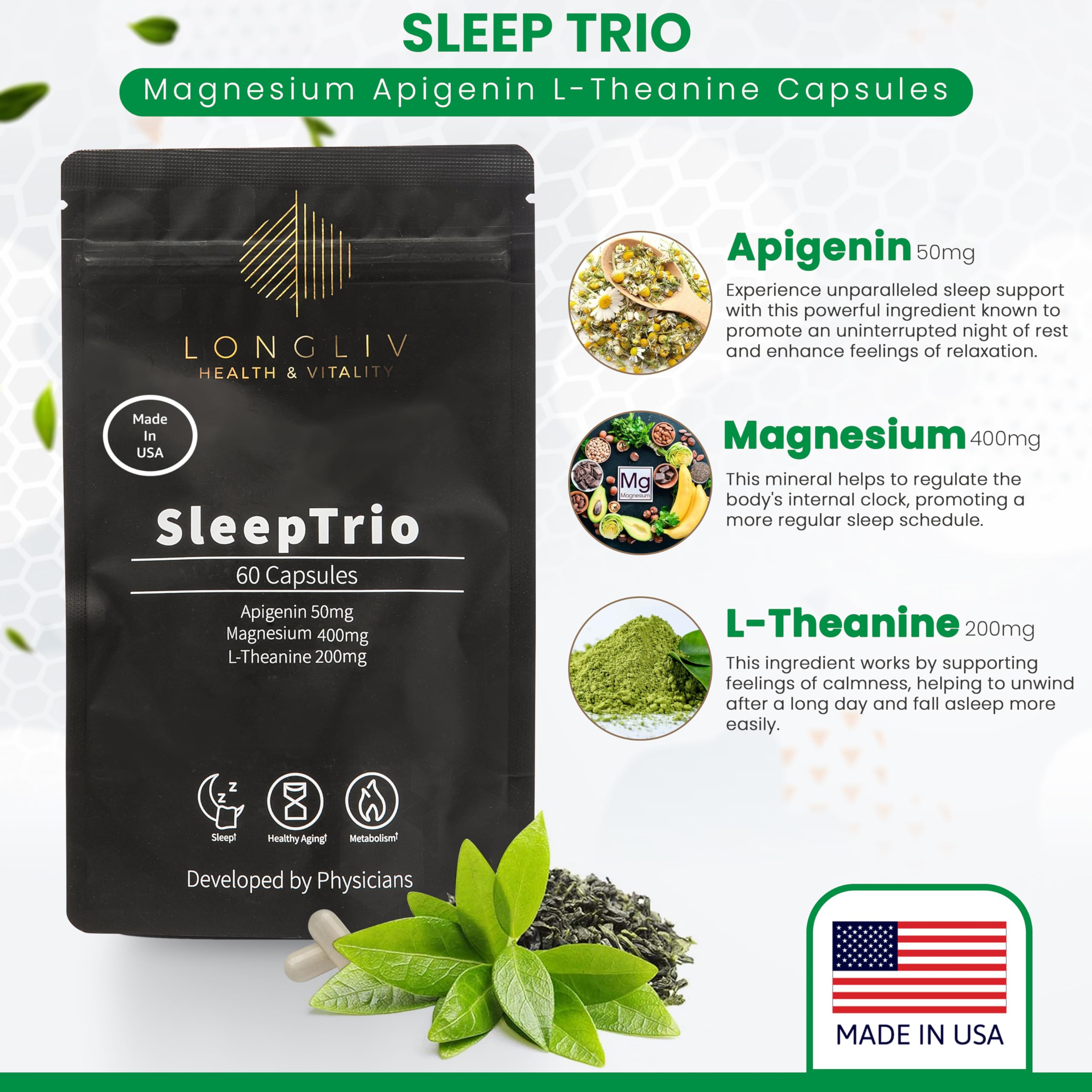 LongLiv Sleep Trio bottle label highlights USA-made quality and ingredients.