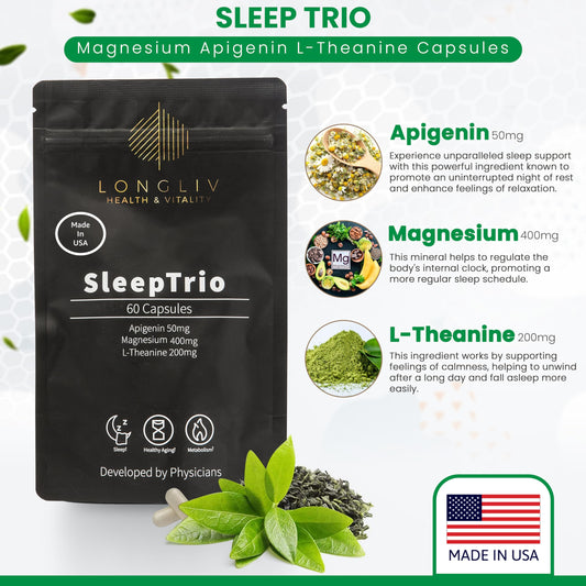 LongLiv Sleep Trio bottle label highlights USA-made quality and ingredients.