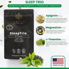 LongLiv Sleep Trio bottle label highlights USA-made quality and ingredients.