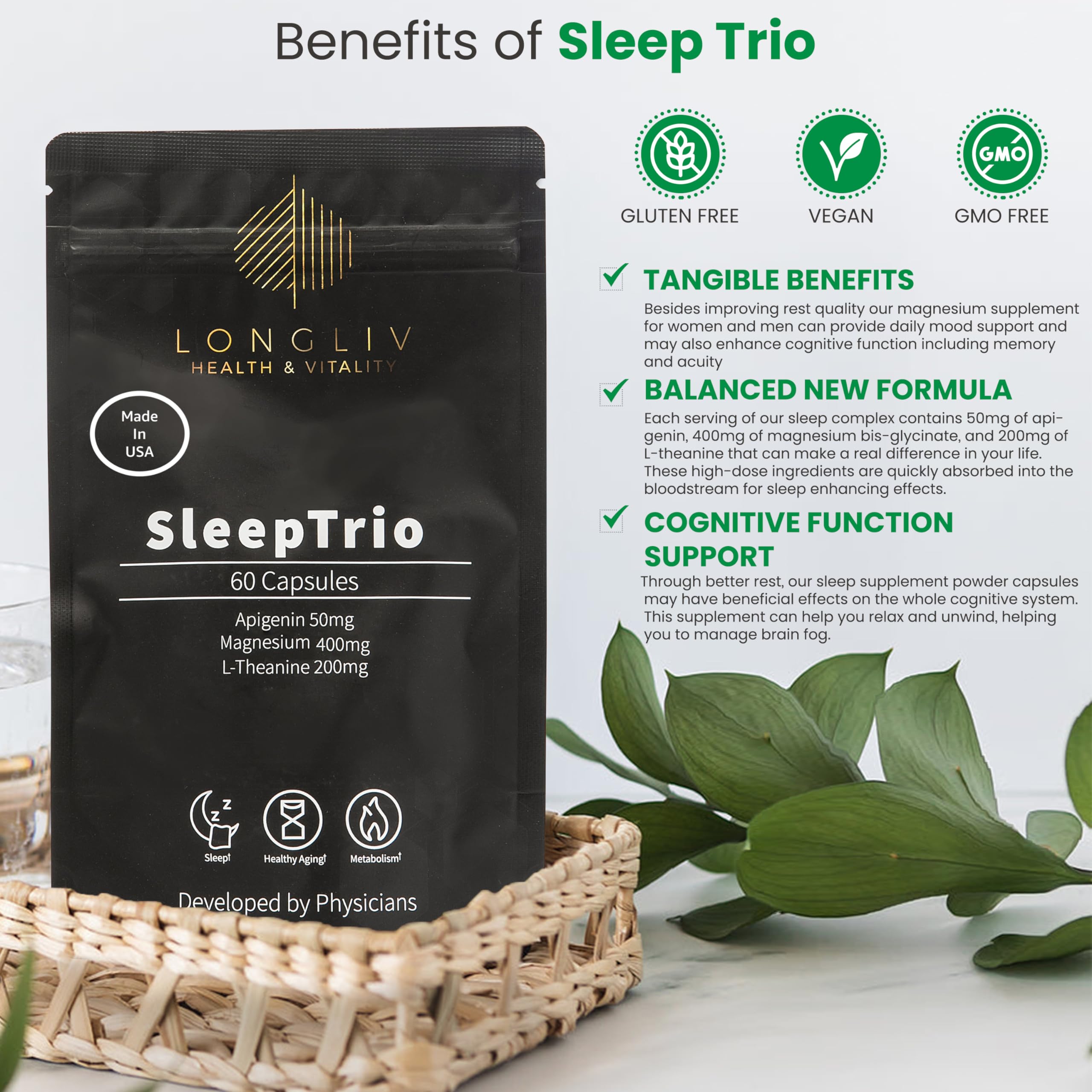 LongLiv Sleep Trio capsules close-up showing dosage of magnesium bis-glycinate.