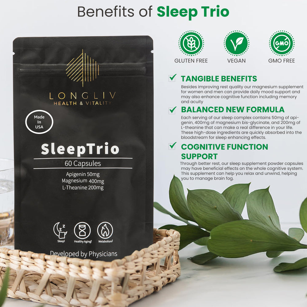 LongLiv Sleep Trio capsules close-up showing dosage of magnesium bis-glycinate.