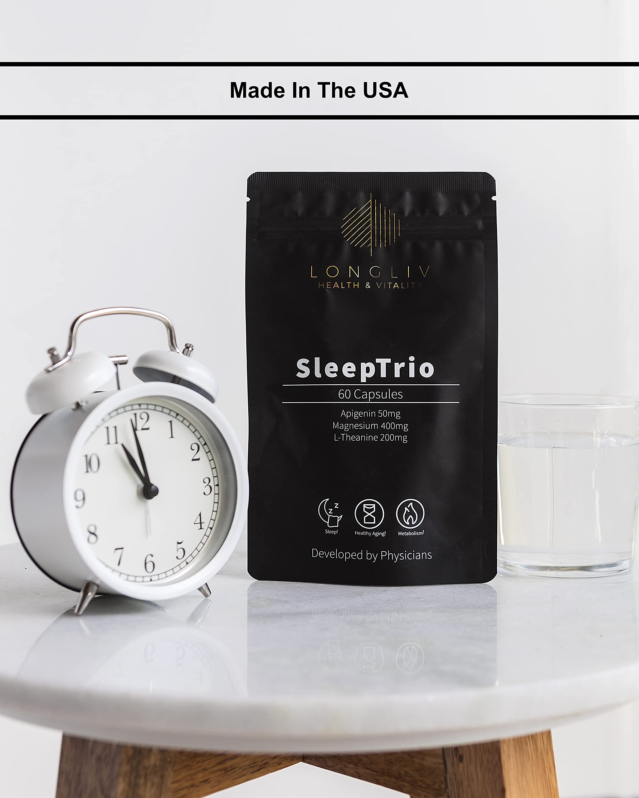 LongLiv Sleep Trio ingredients glance lists apigenin, magnesium bis-glycinate, L-theanine.