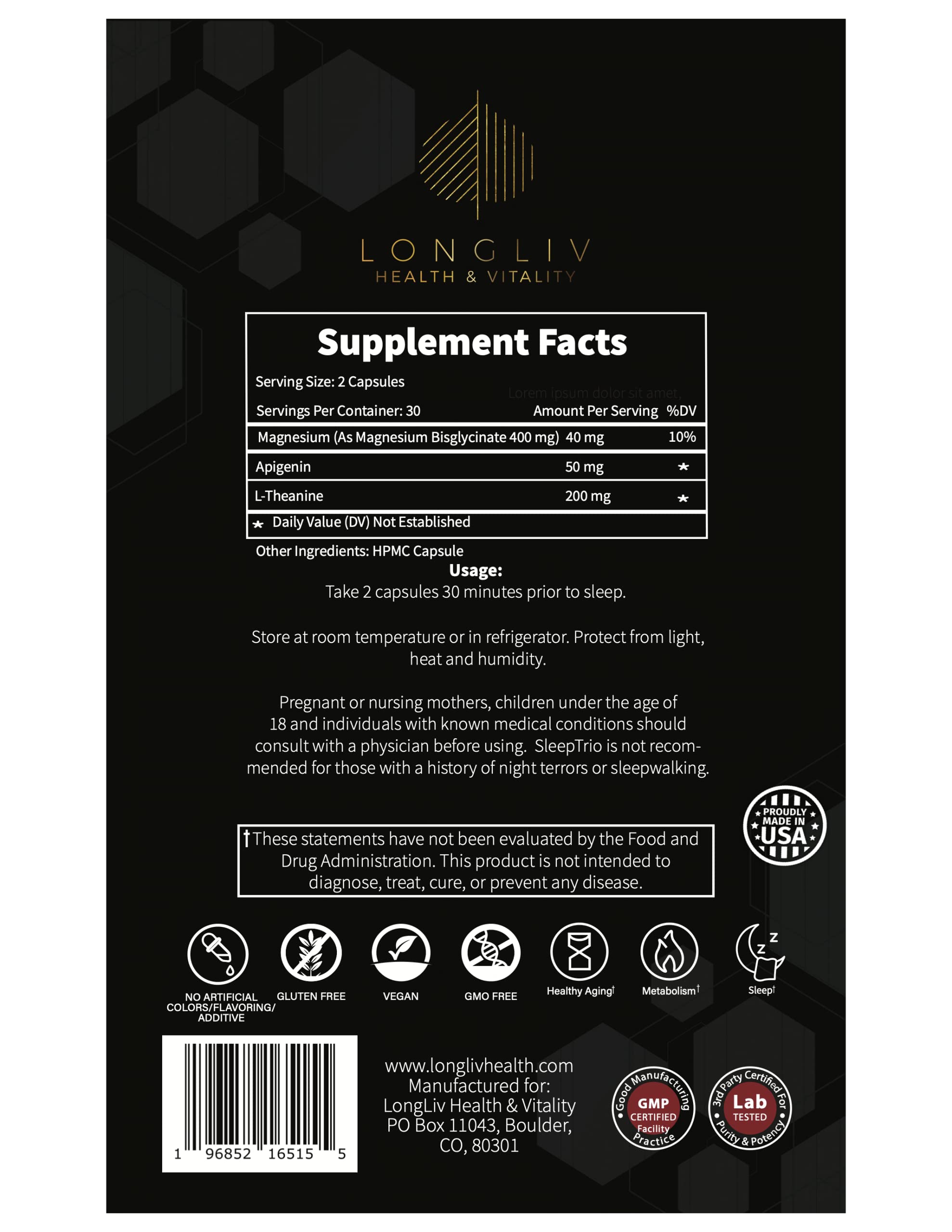LongLiv Sleep Trio on nightstand suggests easy melatonin-free sleep support.