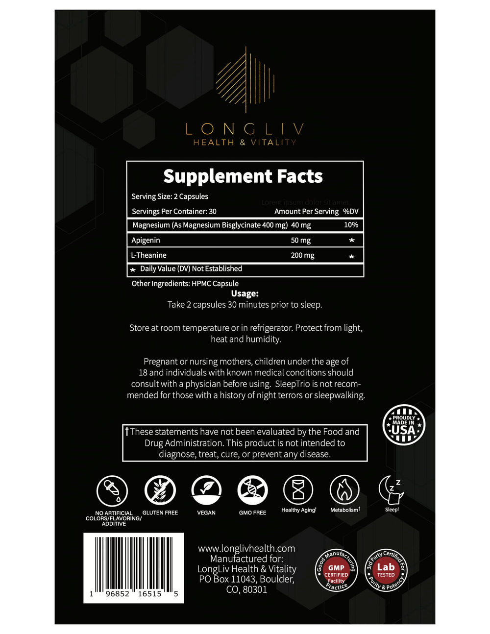 LongLiv Sleep Trio on nightstand suggests easy melatonin-free sleep support.