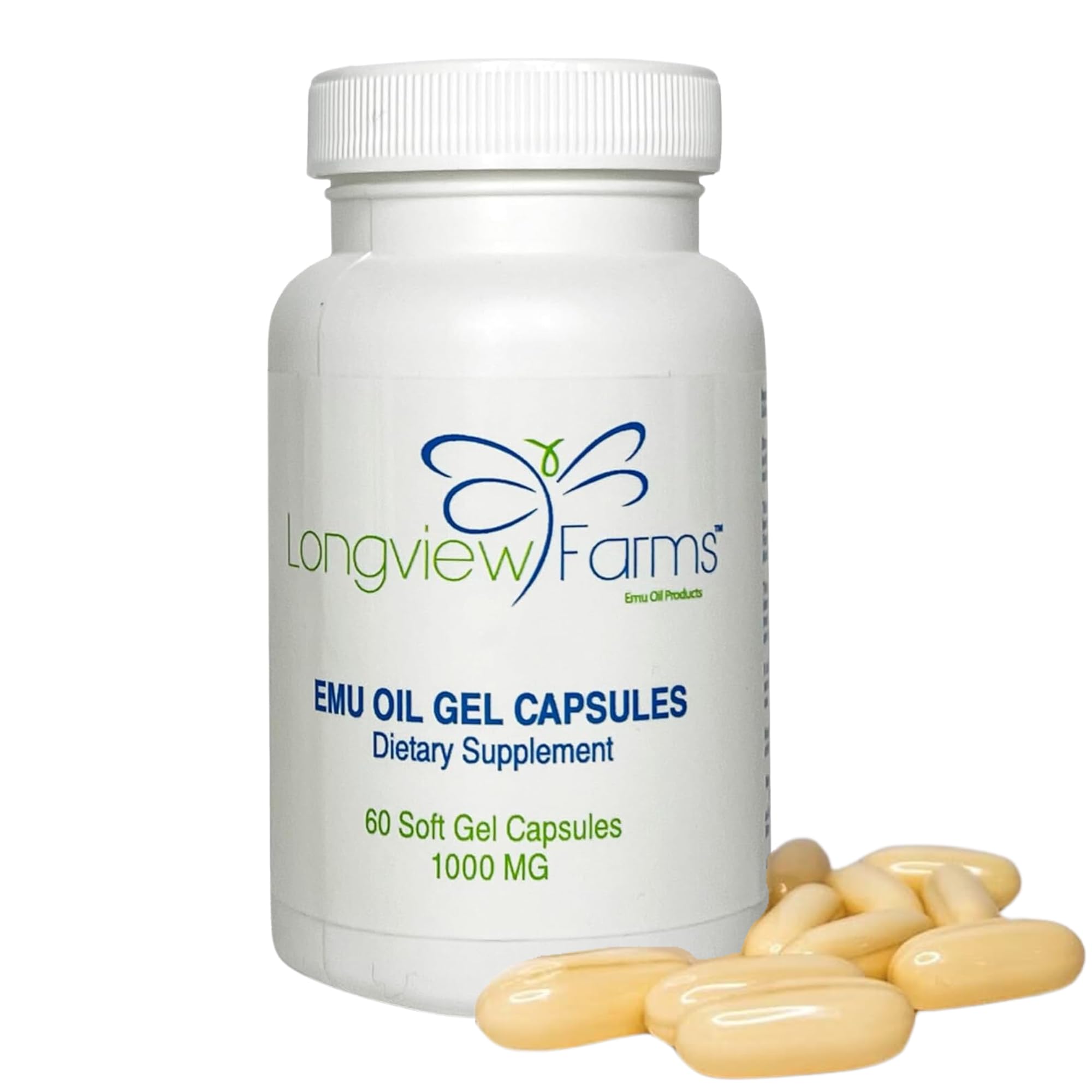 Longview Farms emu oil gel capsules bottle front for daily wellness.