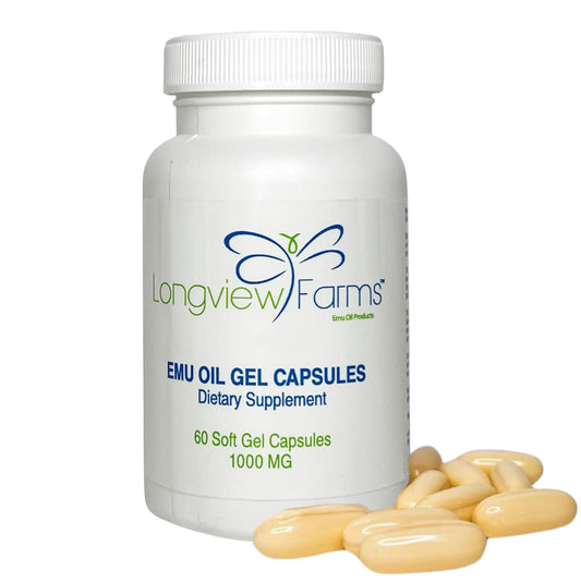 Longview Farms emu oil gel capsules bottle front for daily wellness.