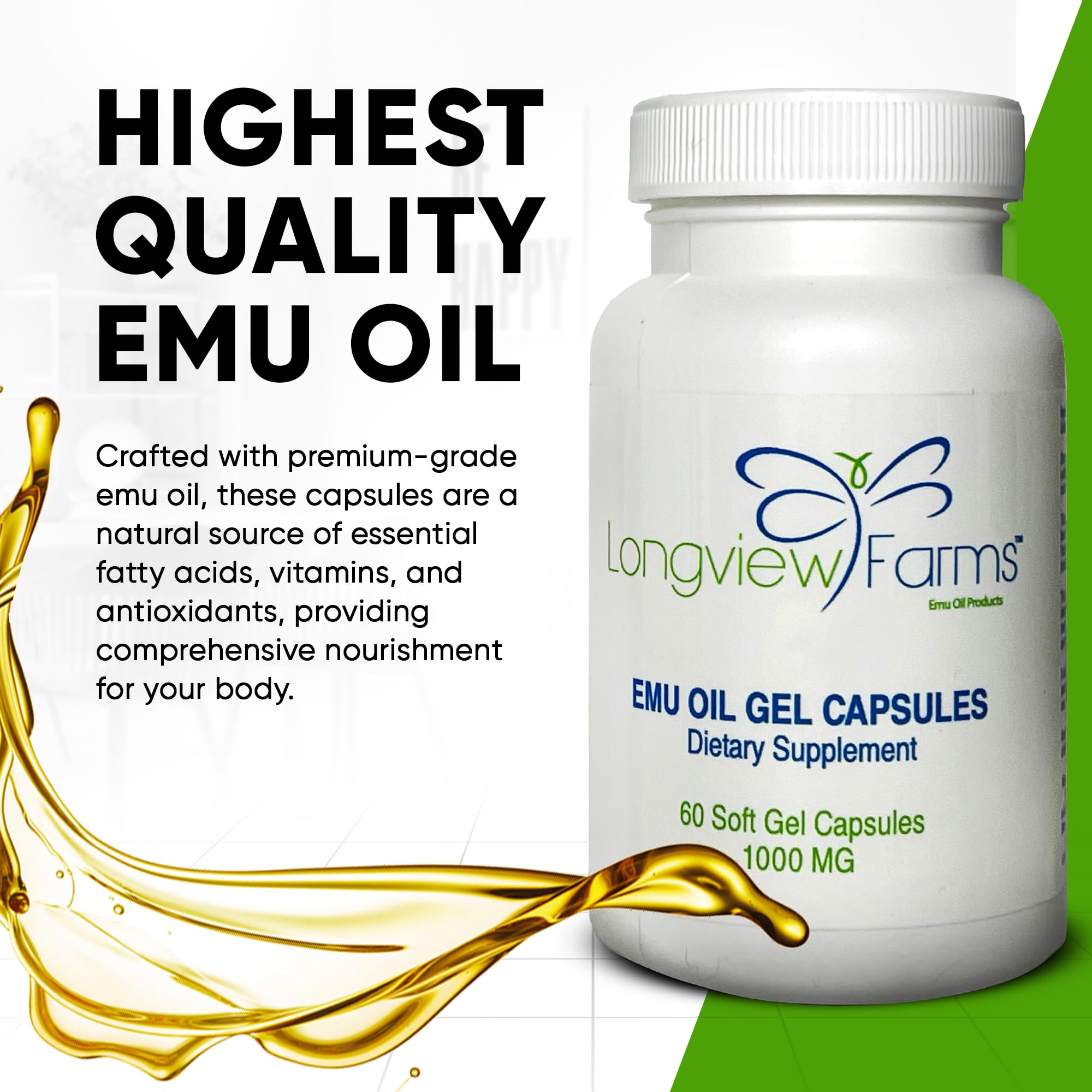 Longview Farms emu oil gel capsules pour into hand for easy daily intake.