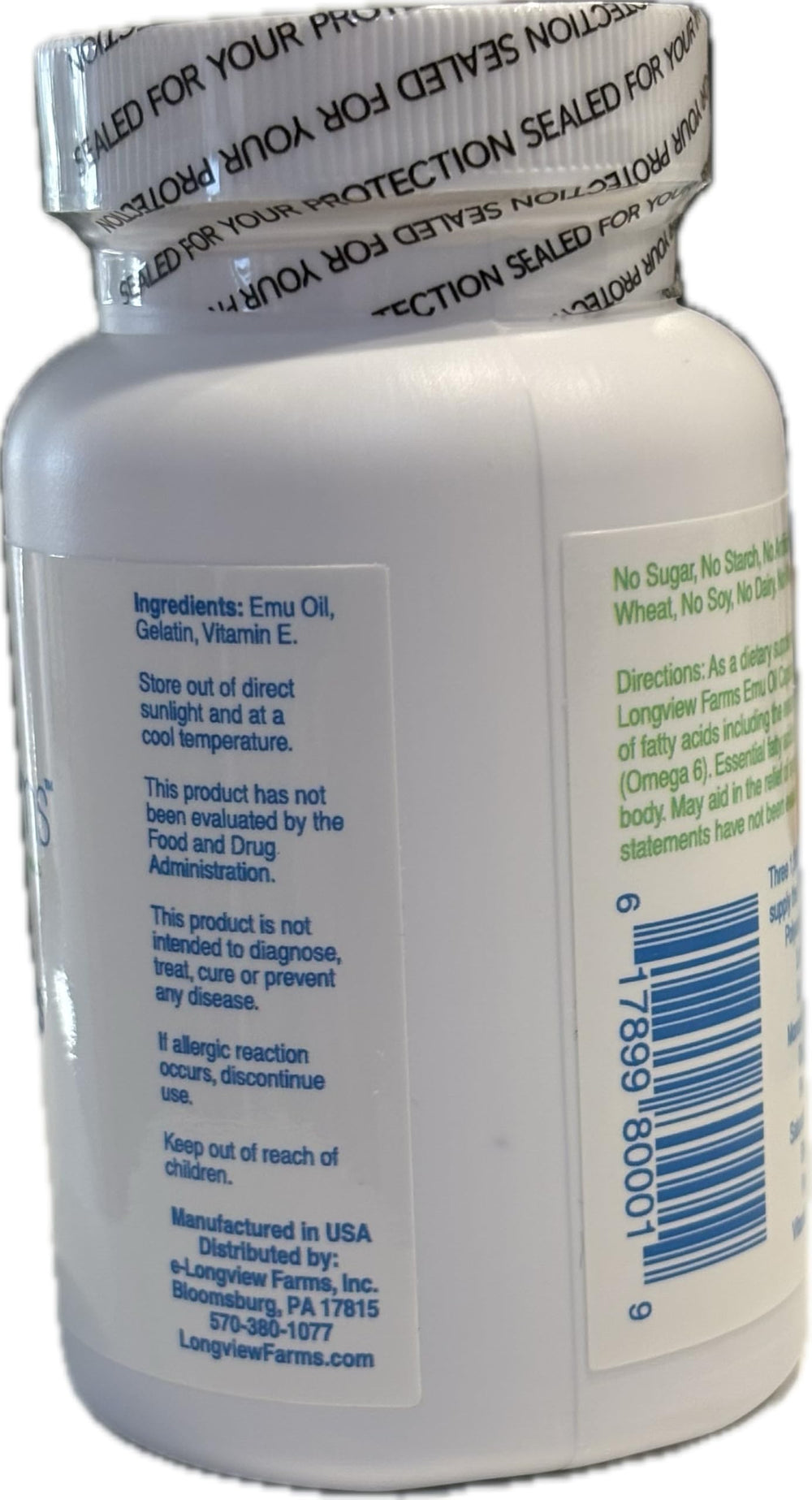 Longview Farms pure emu oil formula bottle with clean labeling.