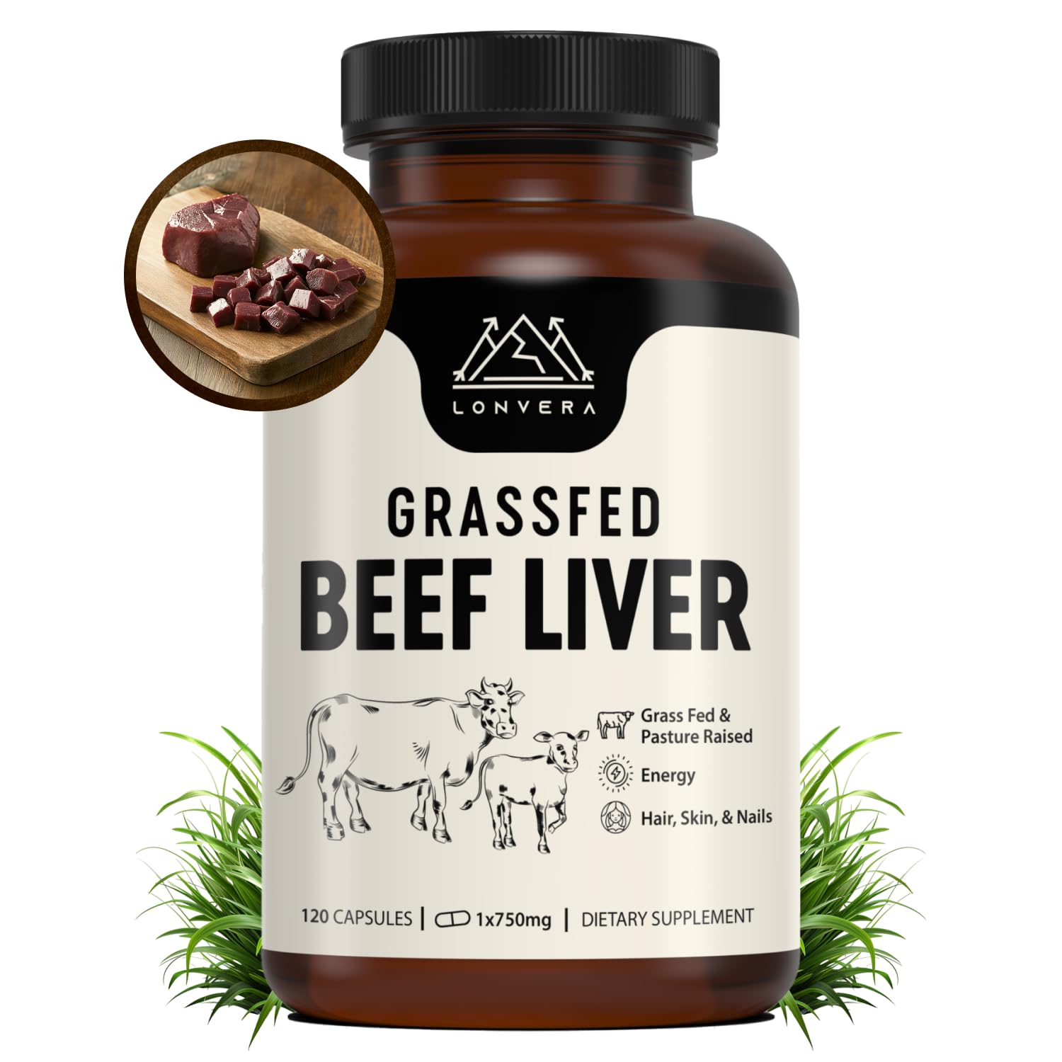 Lonvera grass-fed beef liver capsules bottle shows pasture-raised nutrition for daily energy