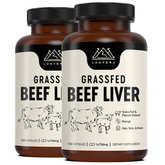 Lonvera grass-fed beef liver capsules bottle on countertop supports daily wellness.