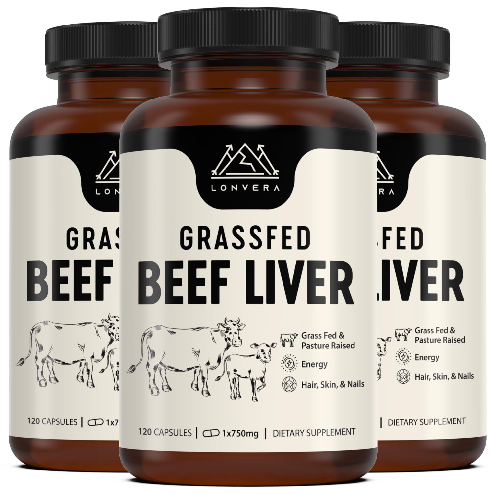 Lonvera grass-fed beef liver capsules on a clean background, supporting daily energy.