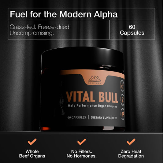 Lonvera Vital Bull capsules close-up showing convenient two-capsule serving.