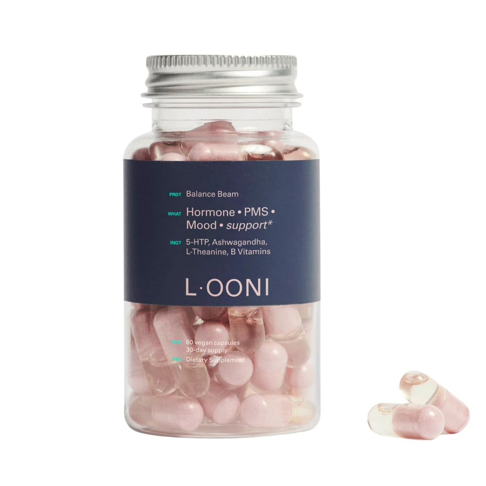 LOONI Balance Beam bottle with vegan capsules for hormone balance.