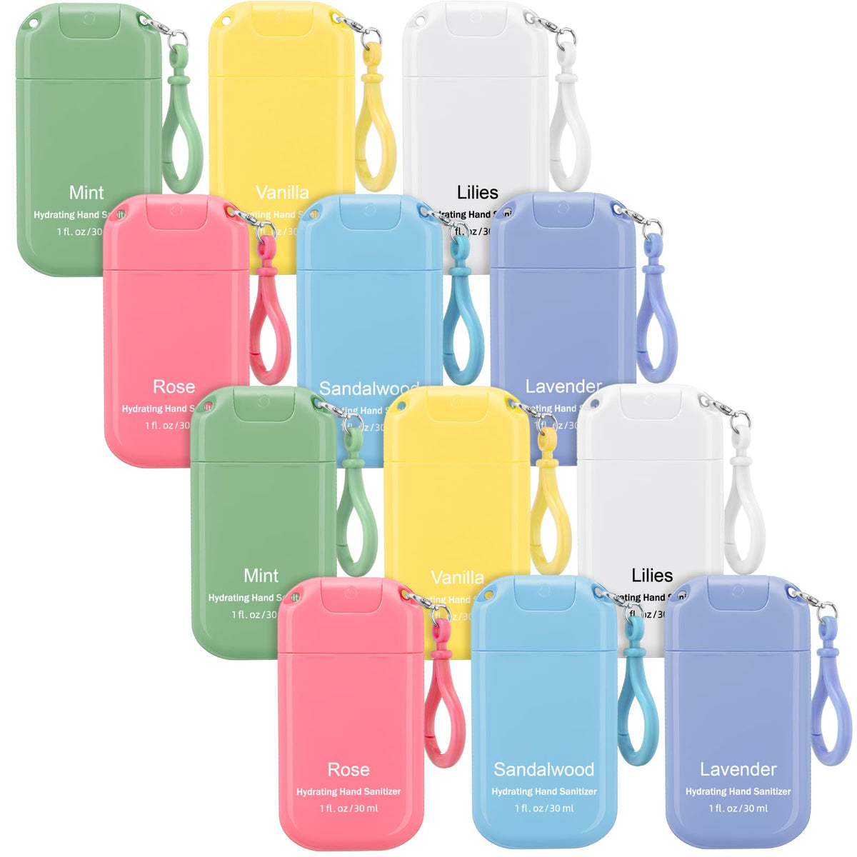 Loopeer 12-pack mini sanitizer sprays with keychain for on-the-go hygiene.