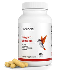 Loriináe Mega B Complex bottle label close-up highlighting vegan energy support.