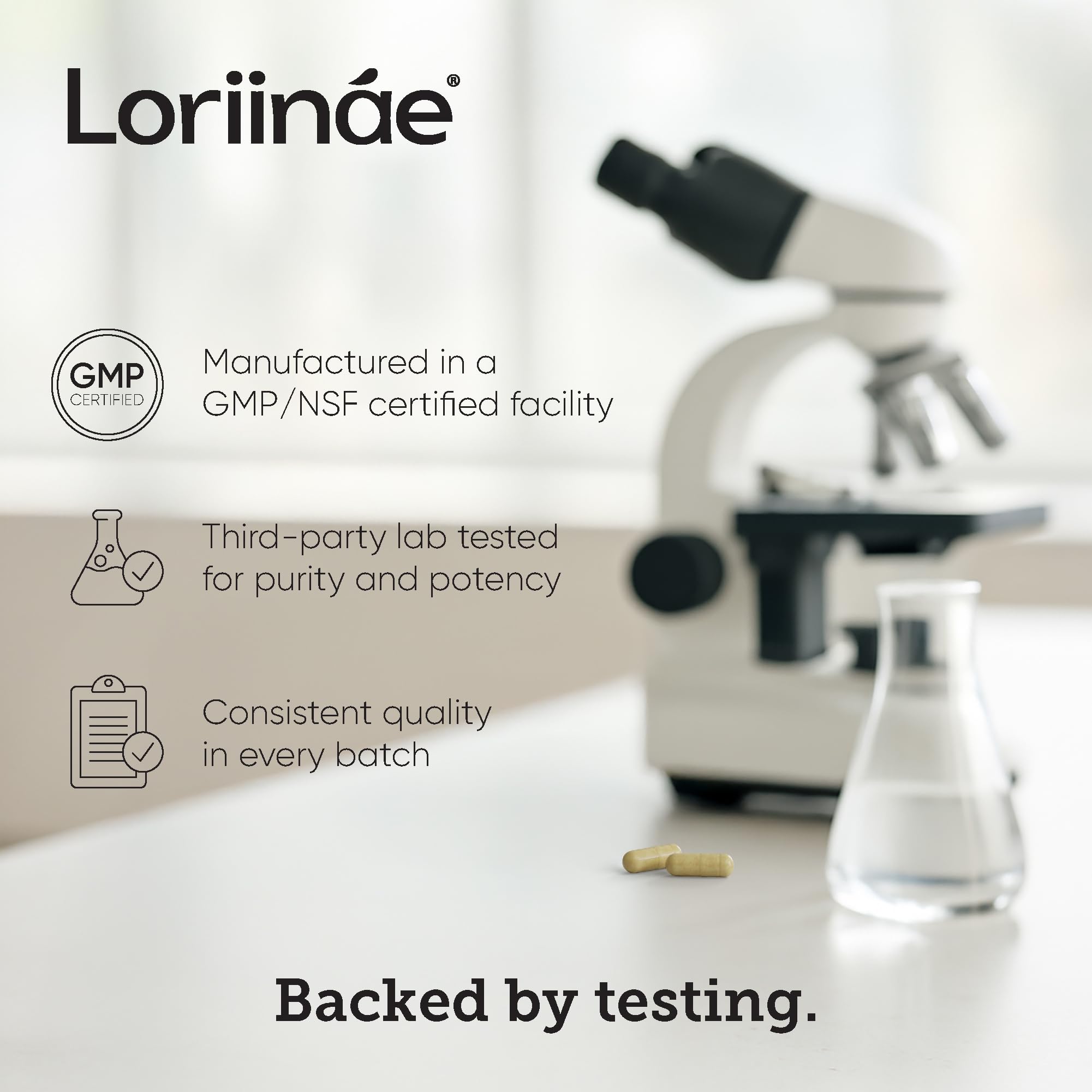 Loriináe Mega B Complex packaging on product display.