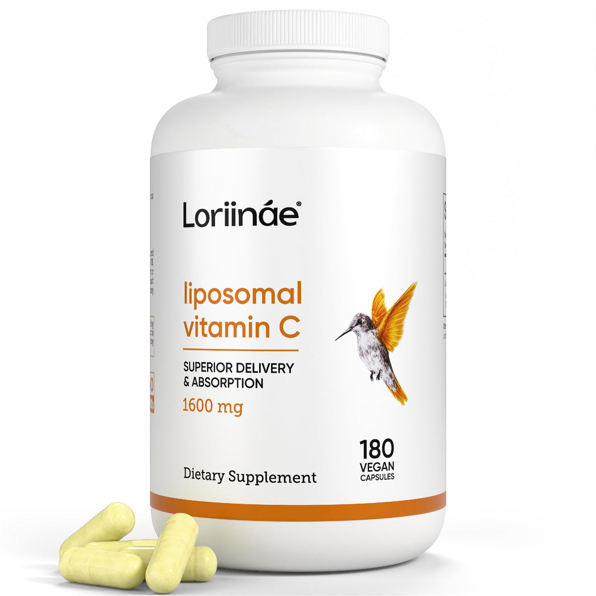 Loriináe Liposomal Vitamin C 1600mg bottle for immune support on a clean countertop.