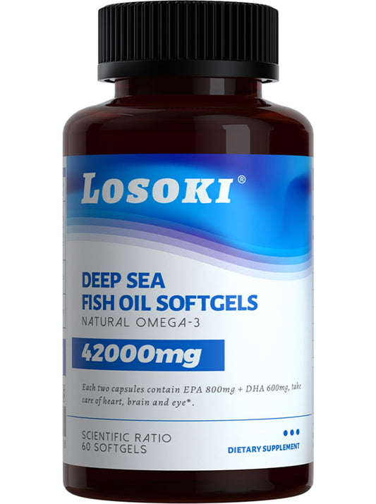 Losoki Deep Sea Fish Oil burpless softgels bottle-pour, easy dosing and freshness.