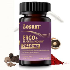Losoki Ergo+ 2040 mg bottle front view shows daily antioxidant support for aging-friendly wellness