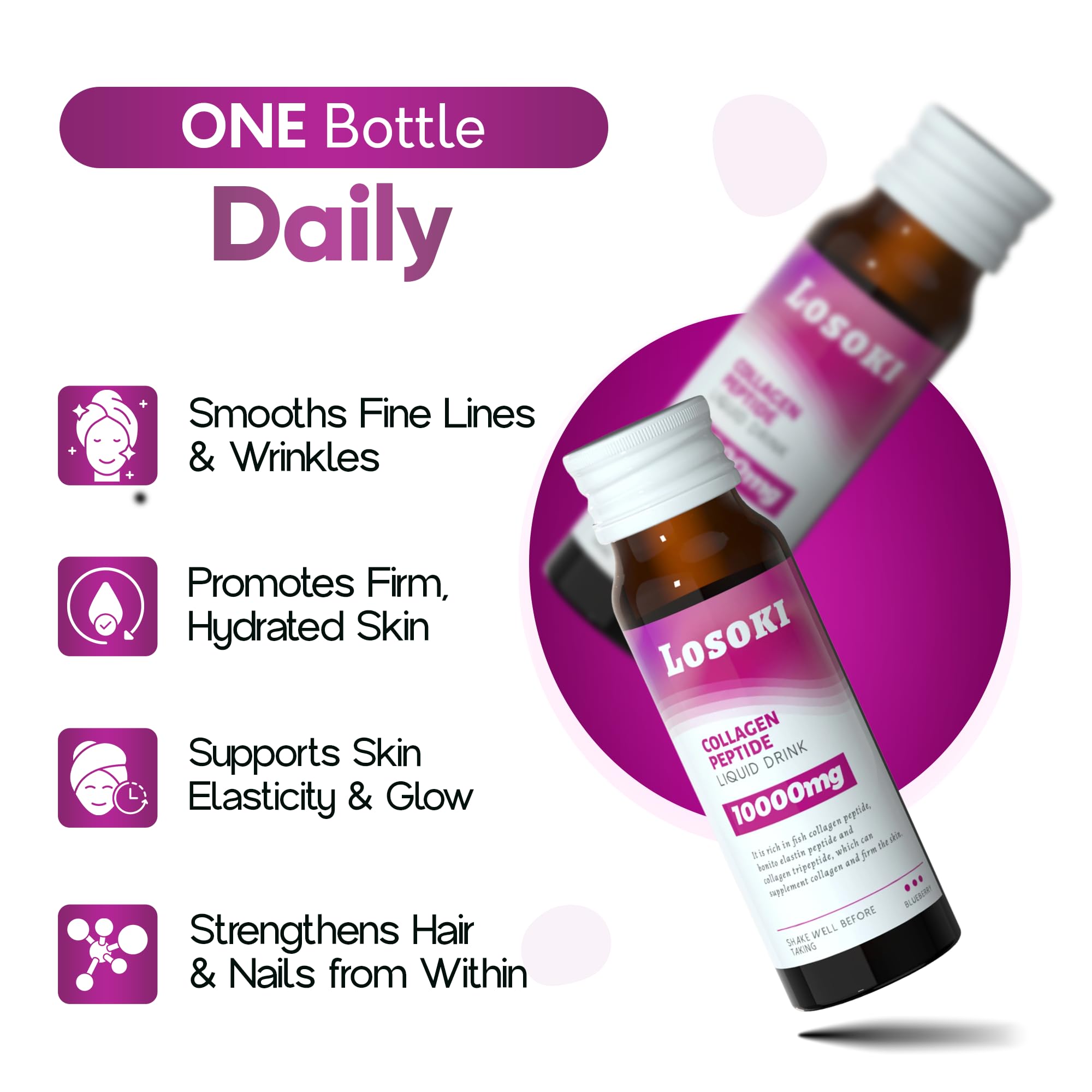 Pouring Losoki Liquid Collagen into a glass for an easy daily intake.