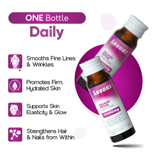 Pouring Losoki Liquid Collagen into a glass for an easy daily intake.
