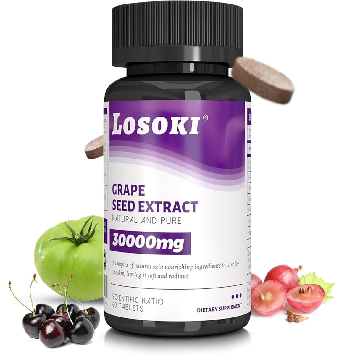 Losoki Skin Nourishing bottle with pour shows easy daily supplementation for healthy-looking skin